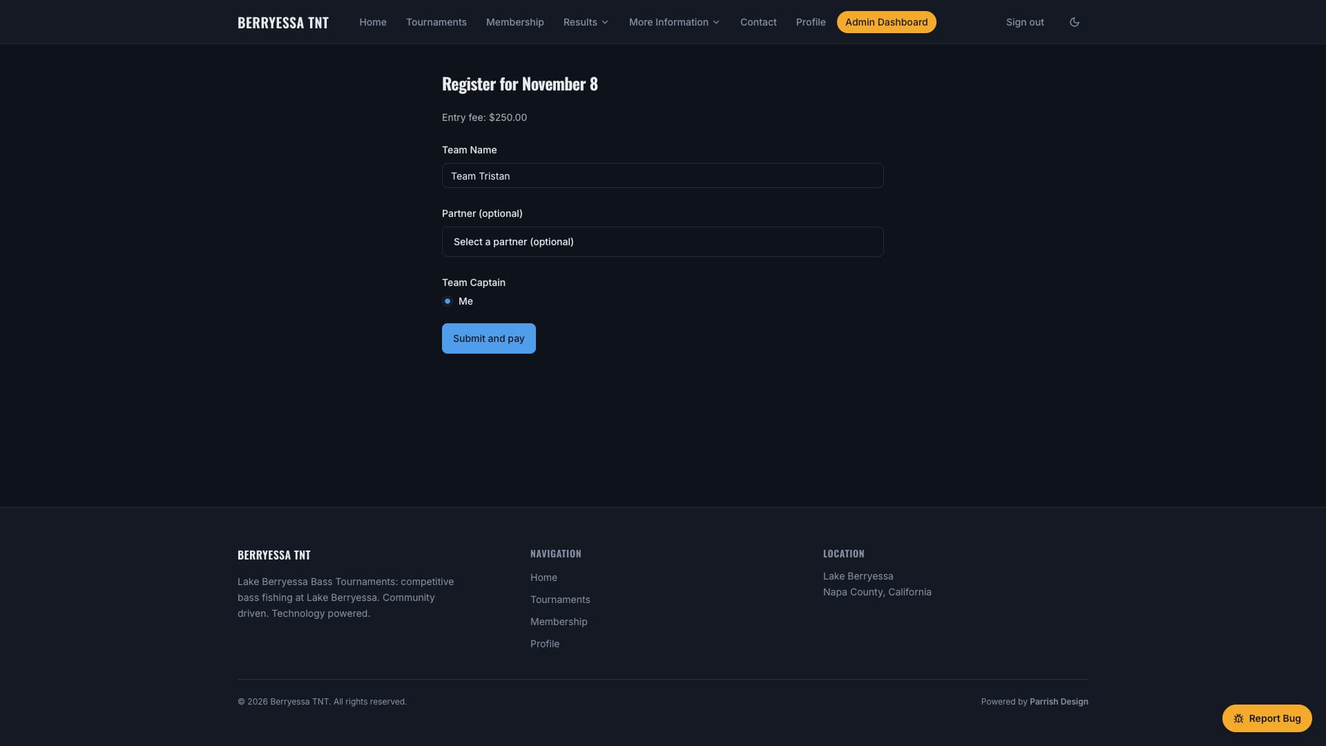 Tournament registration form with team name, partner, and team captain fields