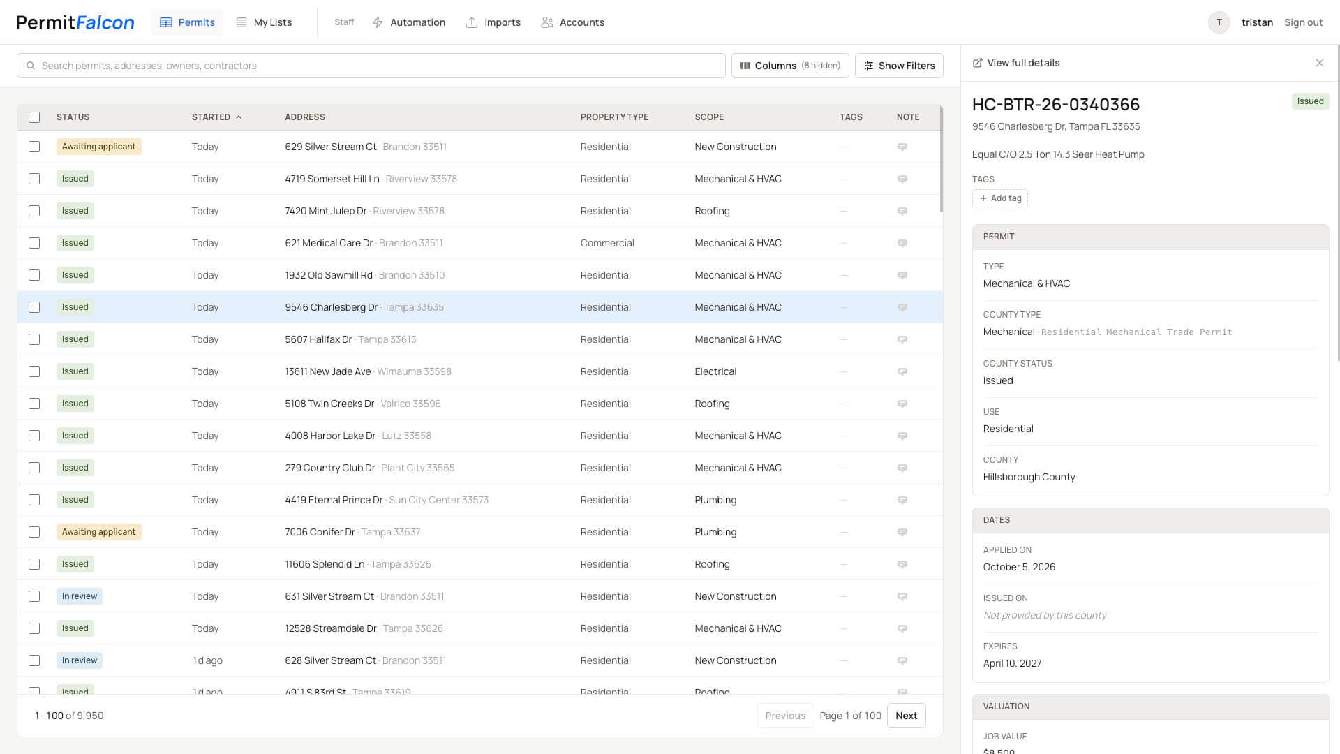 PermitFalcon permit list with one permit's details open in the side panel
