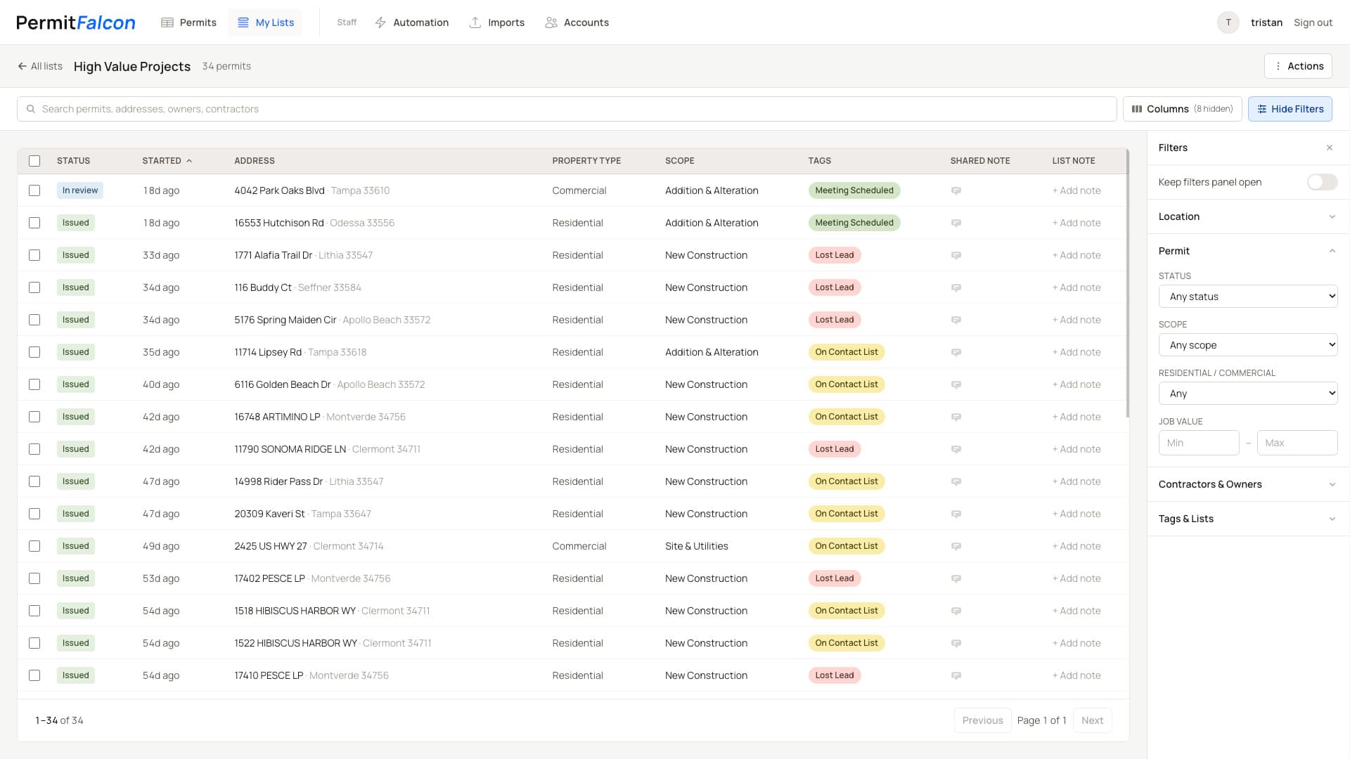 A saved list of permits with tags applied and the filter panel open