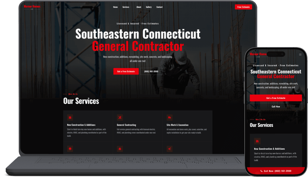 Warner Homes home page shown on a laptop and a phone