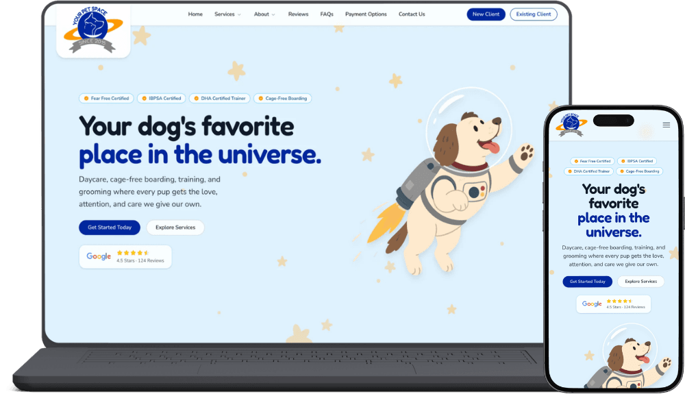 Your Pet Space home page shown on a laptop and a phone